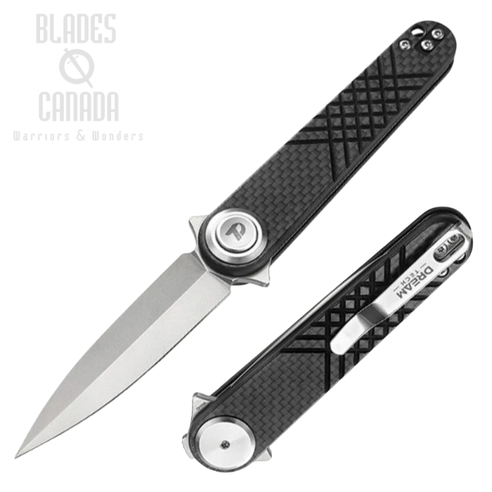 (image for) DreamTech Flipper Button Lock Knife, 14C28N Satin, G10 Black/Carbon Fiber, D4052CF
