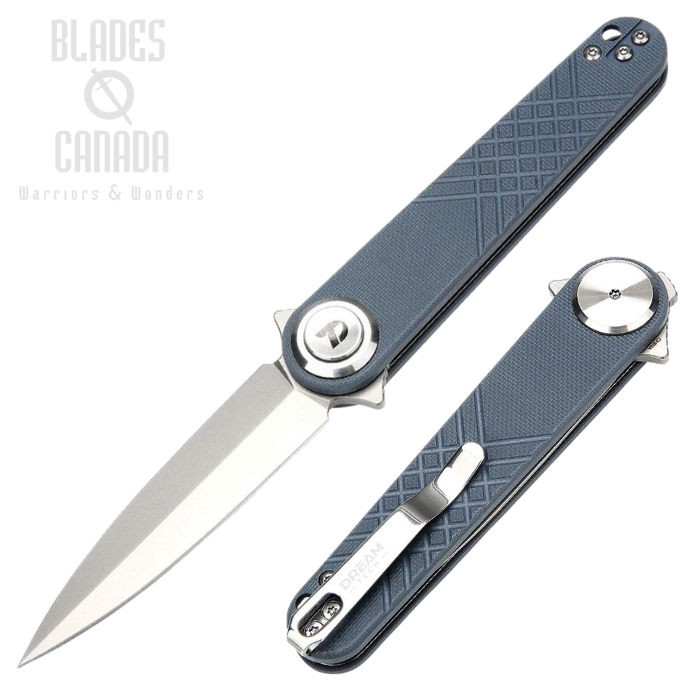 (image for) DreamTech Button Lock Flipper Folding Knife, 14C28N Bead Blast, G10 Slate Blue, D4052GBL