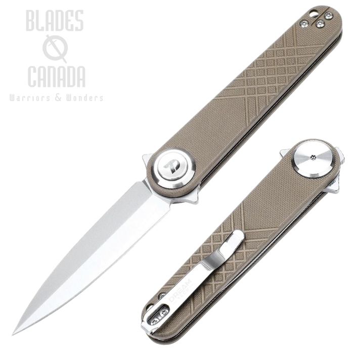 (image for) DreamTech Flipper Button lock Knife, 14C28N Bead Blast, G10 Desert Tan, D4052GD