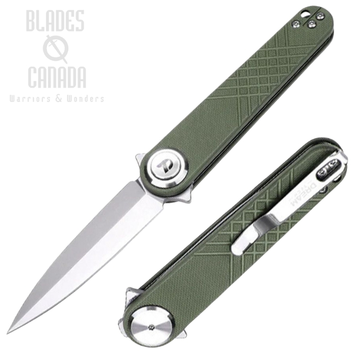 DreamTech Flipper Button Lock Folding Knife, 14C28N Satin, G10 Green, 4052GGR