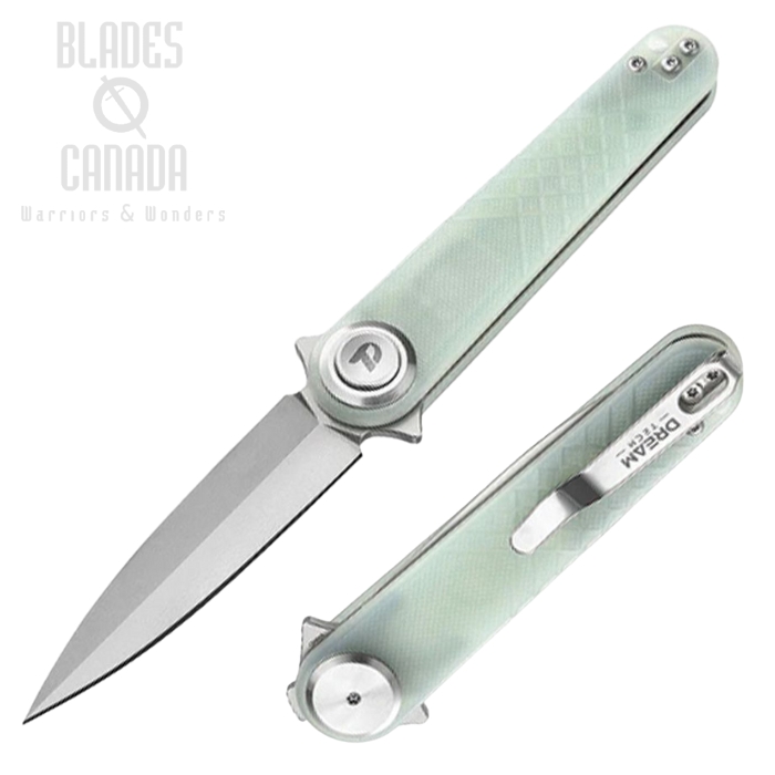 DreamTech Flipper Button Lock Folding Knife, 14C28N Satin, G10 Jade, 4052GJ