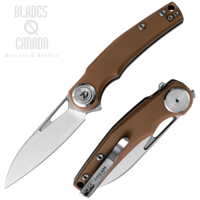 (image for) DreamTech Flipper Button Lock Folding Knife, D2 Satin Sheepsfoot, Micarta Brown, D4130GBR