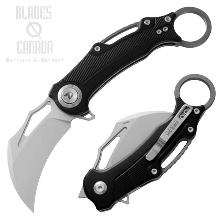 DreamTech Flipper Button Lock Karambit Knife, 14C28N Satin, G10 Black, 4221AB