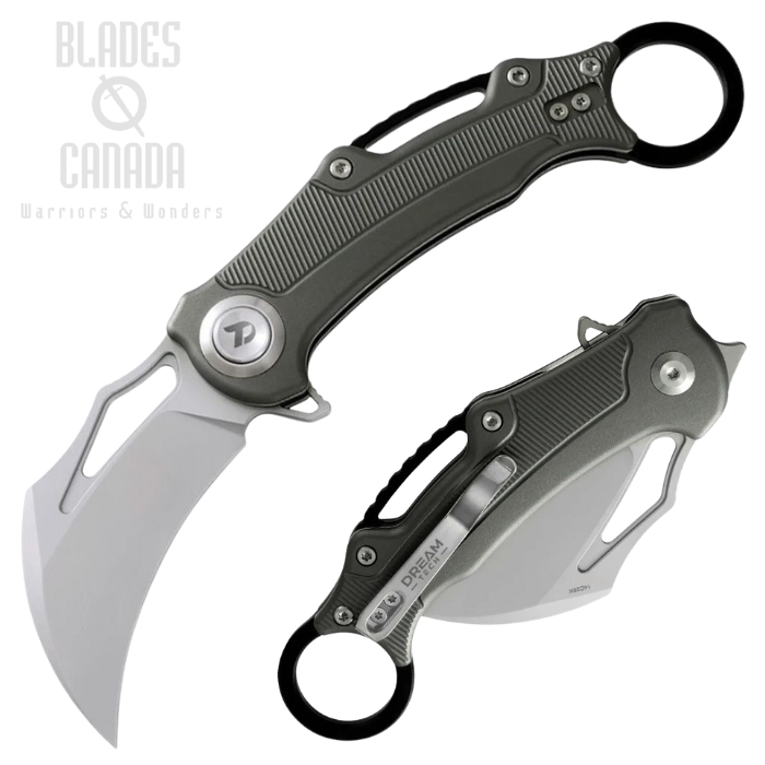 (image for) DreamTech Flipper Button Lock Karambit Knife, 14C28N Satin, Aluminum Dark Grey, D4221AG