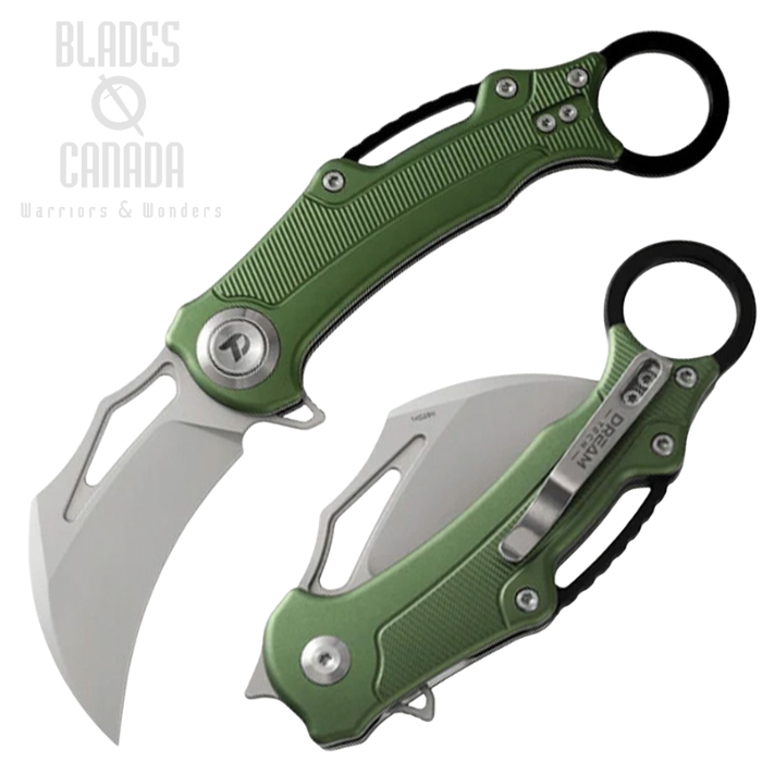 (image for) DreamTech Button Lock Karambit Folding Knife, 14C28N Satin, Aluminum Green, D4221AGR