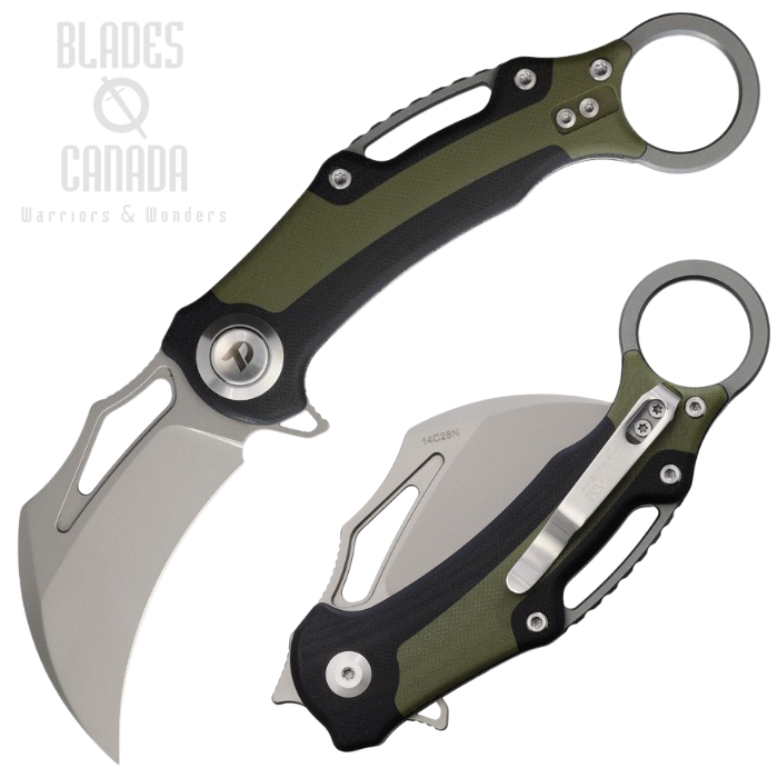 DreamTech Flipper Button Lock Karambit Knife, 14C28N Satin, G10 Black/Green, 4221GBG