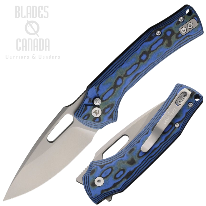 (image for) DreamTech Button Lock Folding Knife, D2 Bead Blast, Micarta Blue/Green, D4542MBL