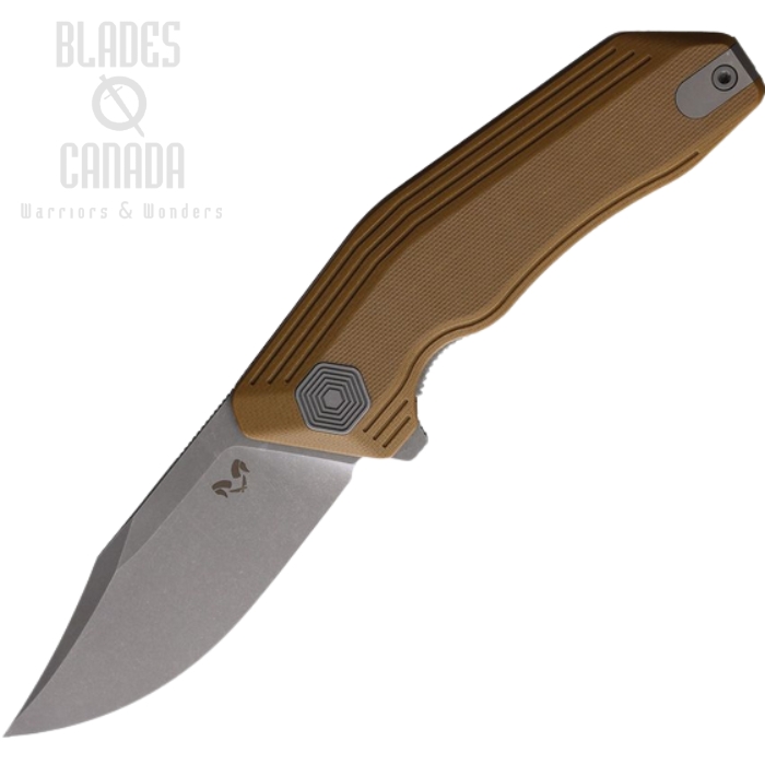 Damned Designs Cerebrus Flipper Folding Knife, 14C28N SW, G10 Tan, DMN005GT (image for) Damned Designs Cerebrus Flipper Folding Knife, 14C28N SW, G10 Tan, DMN005GT