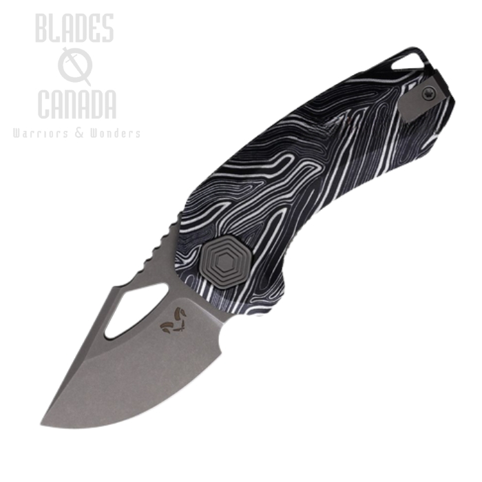 Damned Designs Djinn Flipper Folding Knife, 14C28N SW, Damascus G10 White/Black, DMN015BKWT (image for) Damned Designs Djinn Flipper Folding Knife, 14C28N SW, Damascus G10 White/Black, DMN015BKWT