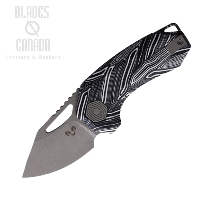 Damned Designs Anzu Flipper Folding Knife, 14C28N SW, Damascus G10 White/Black, DMN016BKWT (image for) Damned Designs Anzu Flipper Folding Knife, 14C28N SW, Damascus G10 White/Black, DMN016BKWT