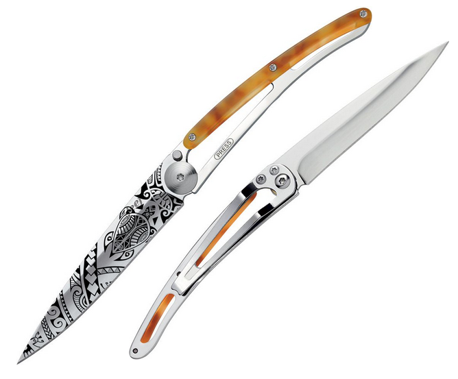 Deejo Tattoo 37g Polynesian Folding Knife, Stainless, Imitation Tortoise Shell, DEE1AC101