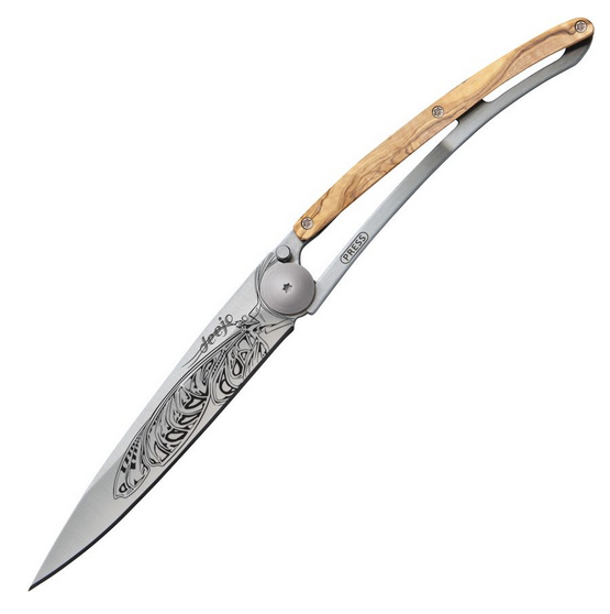 Deejo Tattoo 37g Butterfly Folding Knife, Stainless, Olive Handle, DEE1CB077