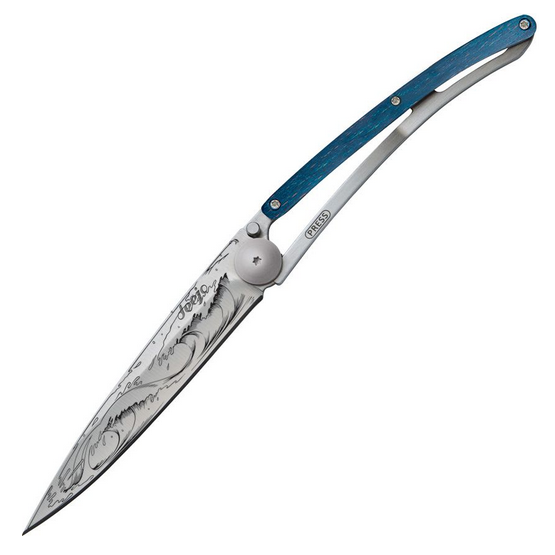 Deejo Tattoo 37g Wave Folding Knife, Stainless, Blue Beech Wood, DEE1CB081