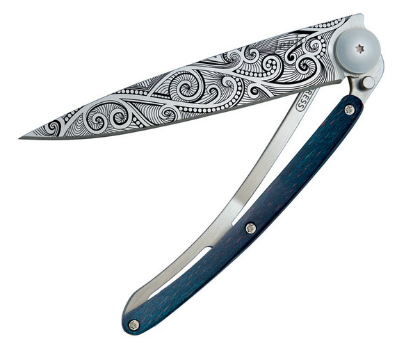 Deejo Tattoo 37g Pacific Folding Knife, Stainless, Blue Beech Wood, DEE1CB083