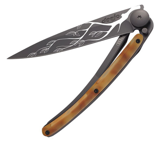 Deejo Tattoo 37g Tree Folding Knife, Stainless Black, Imitation Tortoise Shell, DEE1CC203