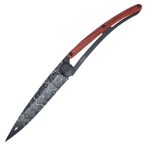 Deejo Tattoo 37g Mandala Folding Knife, Stainless Black, Coralwood, DEE1GB125