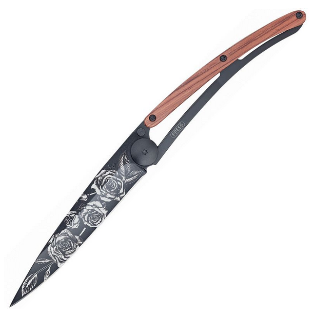 Deejo Tattoo 37g Roses Folding Knife, Stainless Black, Coralwood, DEE1GB137