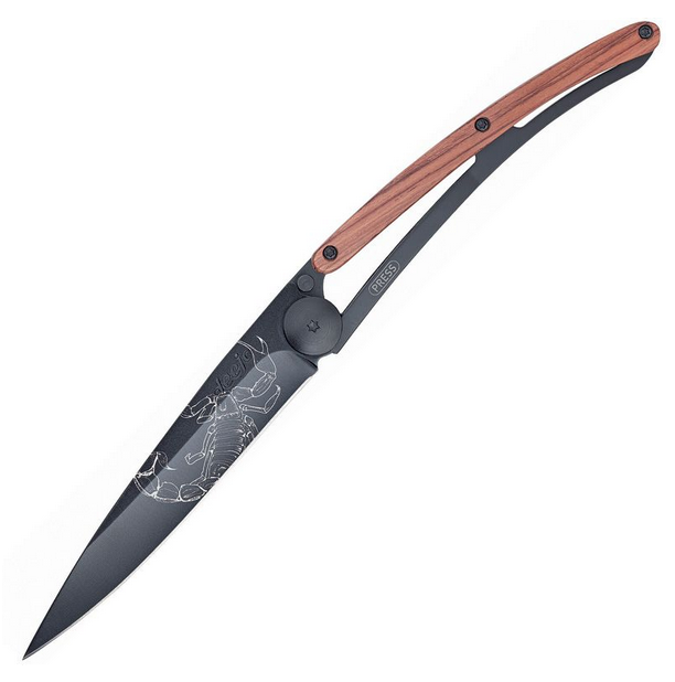 Deejo Tattoo 37g Scorpion Folding Knife, Stainless Black, Coralwood, DEE1GB138