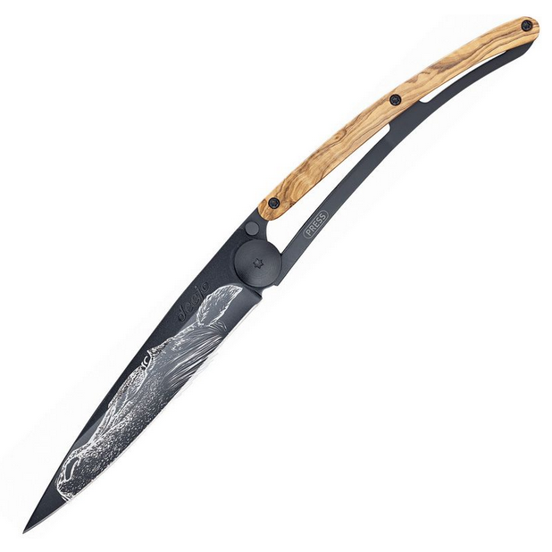Deejo Tattoo 37g Warmblood Folding Knife, Stainless Black, Olive Wood, DEE1GB140