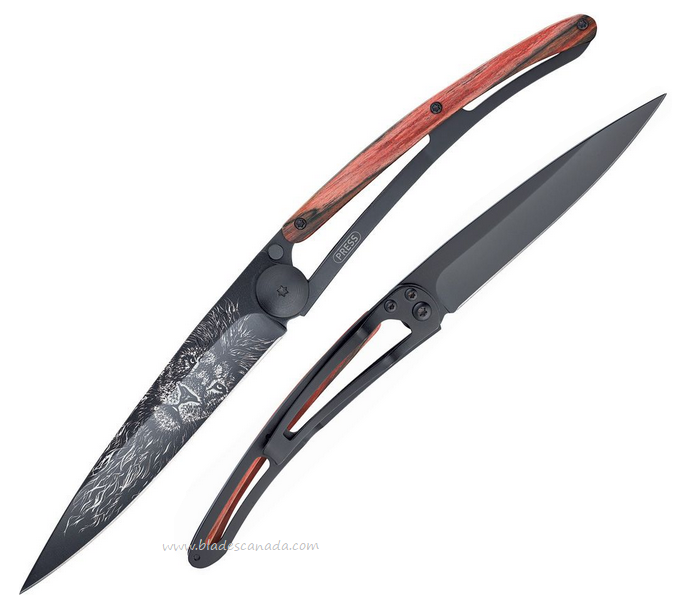Deejo Tattoo 37g Lion Folding Knife, Stainless Black, Red Beech Wood, DEE1GB142