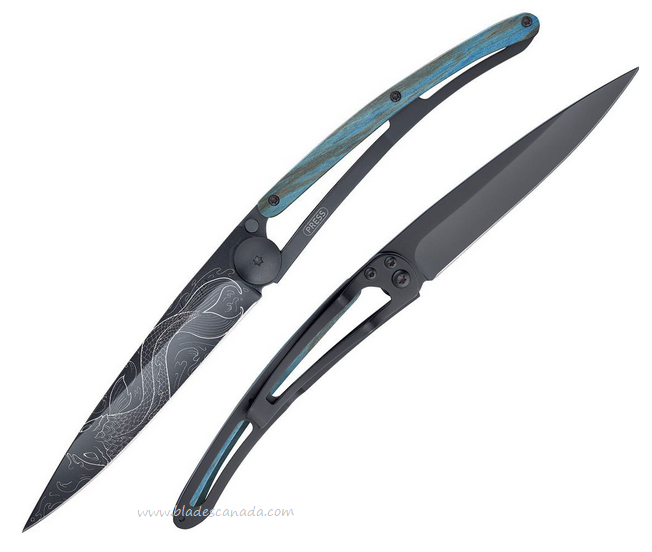 Deejo Tattoo 37g Fish Folding Knife, Stainless Black, Blue Beech Wood, DEE1GB145