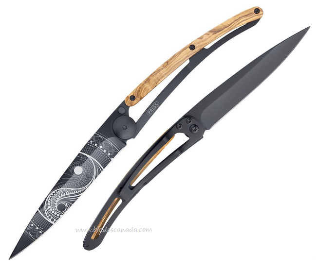 Deejo Tattoo 37g YinYang Folding Knife, Stainless Black, Olive Wood, DEE1GB149