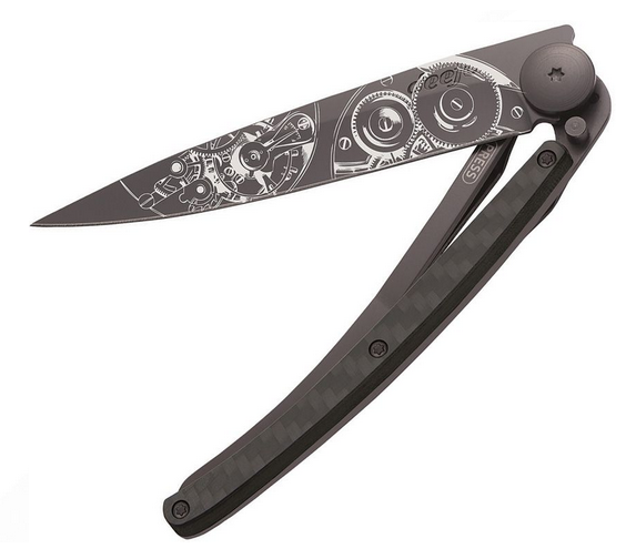 Deejo Tattoo 37g Watchmaker Folding Knife, Stainless Black Matte, Carbon Fiber, DEE1GC010