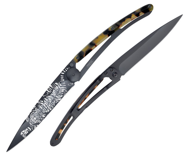 Deejo Tattoo 37g Tiger Folding Knife, Stainless Black, Imitation Tortoise Shell, DEE1GC100