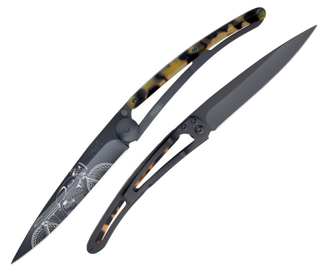 Deejo Tattoo 37g Racer Folding Knife, Stainless Black, Imitation Tortoise Shell, DEE1GC102