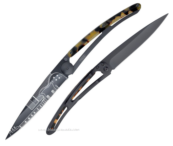 Deejo Tattoo 37g Rock Roll Folding Knife, Stainless Black, Imitation Tortoise Shell, DEE1GC103