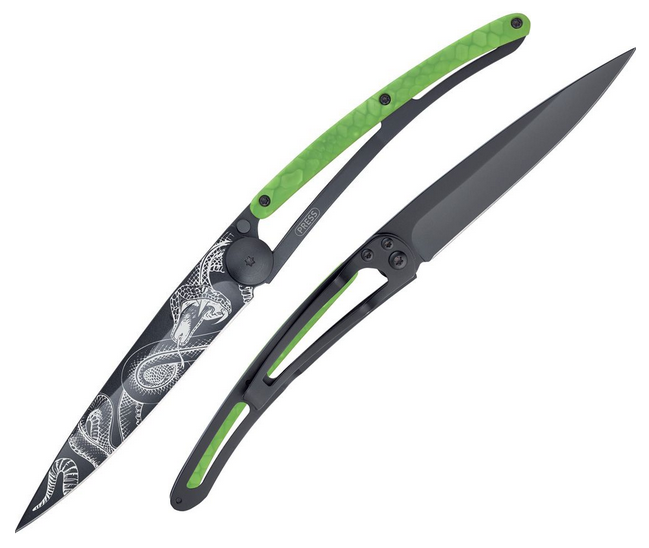 Deejo Tattoo 37g Snake Folding Knife, Stainless Black, Synthetic Python Green, DEE1GC203