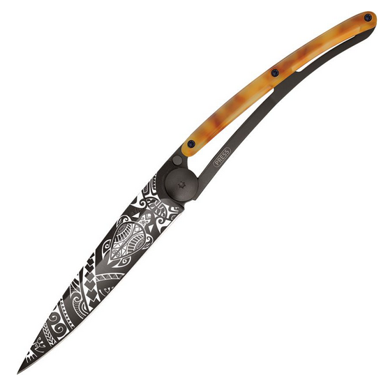 Deejo Tattoo 37g Poly Folding Knife, Stainless Black, Imitation Tortoise Shell, DEE1GC206