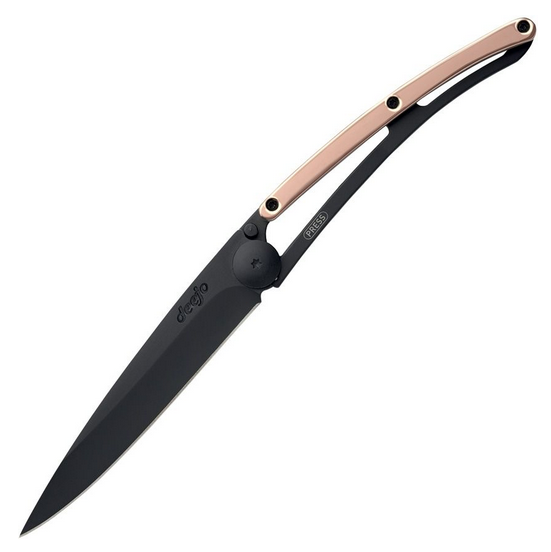 Deejo Tattoo 37g Folding Knife, Stainless Black, Rose Gold Gilded Zamac, 1GM012