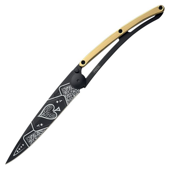 Deejo Tattoo 37g Good Luck Folding Knife, Stainless, Gold Gilded Zamac, DEE1GM021