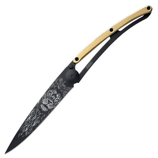 Deejo Tattoo 37g Lion Folding Knife, Stainless Black, Gold Gilded Zamac, DEE1GM022