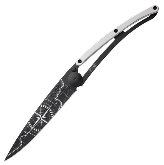 Deejo Tattoo 37g Terra Incognito Folding Knife, Stainless Black, White Gold Gilded Zamac, DEE1GM023