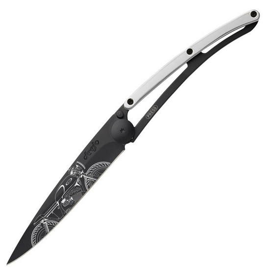 Deejo Tattoo 37g Racer Folding Knife, Stainless Black, White Gold Gilded Zamac, DEE1GM024