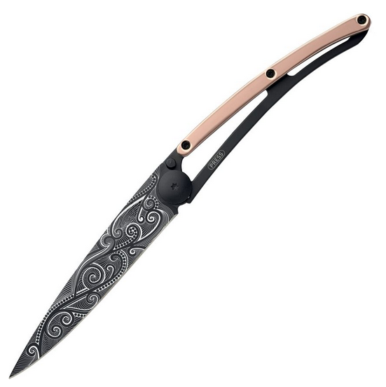 Deejo Tattoo 37g Pacific Folding Knife, Stainless, Rose Gold Gilded Zamac, DEE1GM026