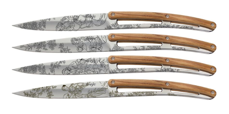 Deejo Steak Knives, Set of Four, Toile De Jouy Blade, Olive Wood, DEE4AB011