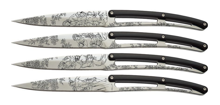 Deejo Steak Bistro Knives, Set of Four, 420 Serrated, ABS Black, DEE4AP011