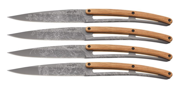 Deejo Steak Knives, Set of Four, Stainless Blossom Design, Olive Wood, DEE4FB010