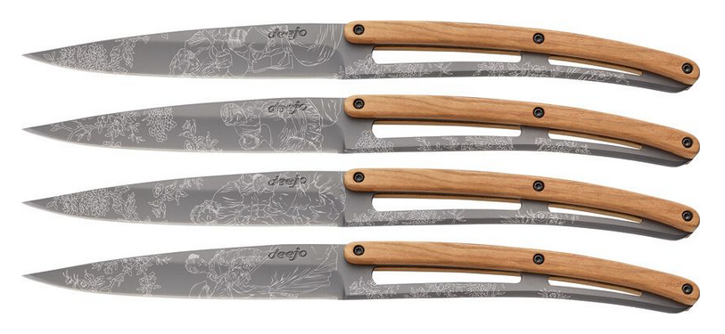 Deejo Steak Knives, Set of Four, Stainless, Olive Wood, DEE4FB011