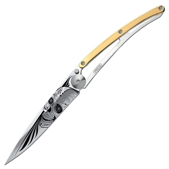 Deejo Tattoo 27g Skull Folding Knife, Stainless, Gold Gilded Zamac, DEE9AM021