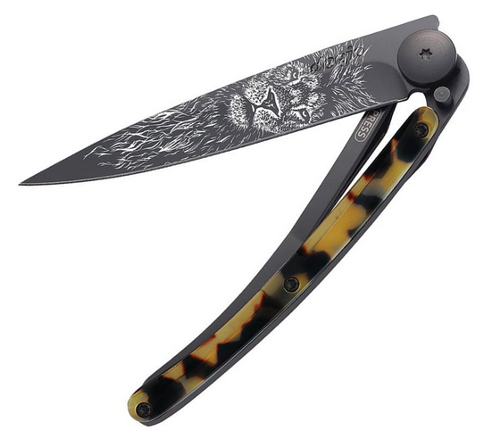 Deejo Tattoo 27g Lion Folding Knife, Stainless Black, Imitation Tortoise Shell, DEE9GC202