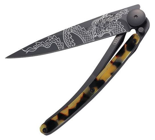 Deejo Tattoo 27g Dragon Folding Knife, Stainless Black, Imitation Tortoise Shell, DEE9GC203