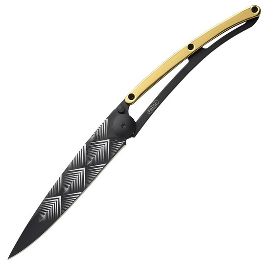 Deejo Tattoo 27g Art Deco Folding Knife, Stainless Black, Gold Gilded Zamac, DEE9GM021