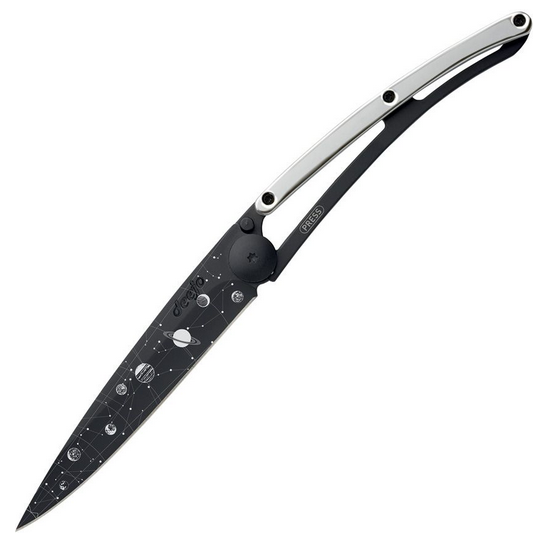 Deejo Tattoo 27g Astro Folding Knife, Stainless Black, White Gold Gilded Zamac, DEE9GM022