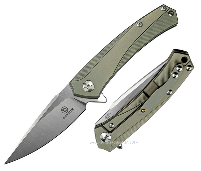 Defcon JK Barracuda Flipper Framelock Knife, D2 Satin, Titanium Green, TF3330-2