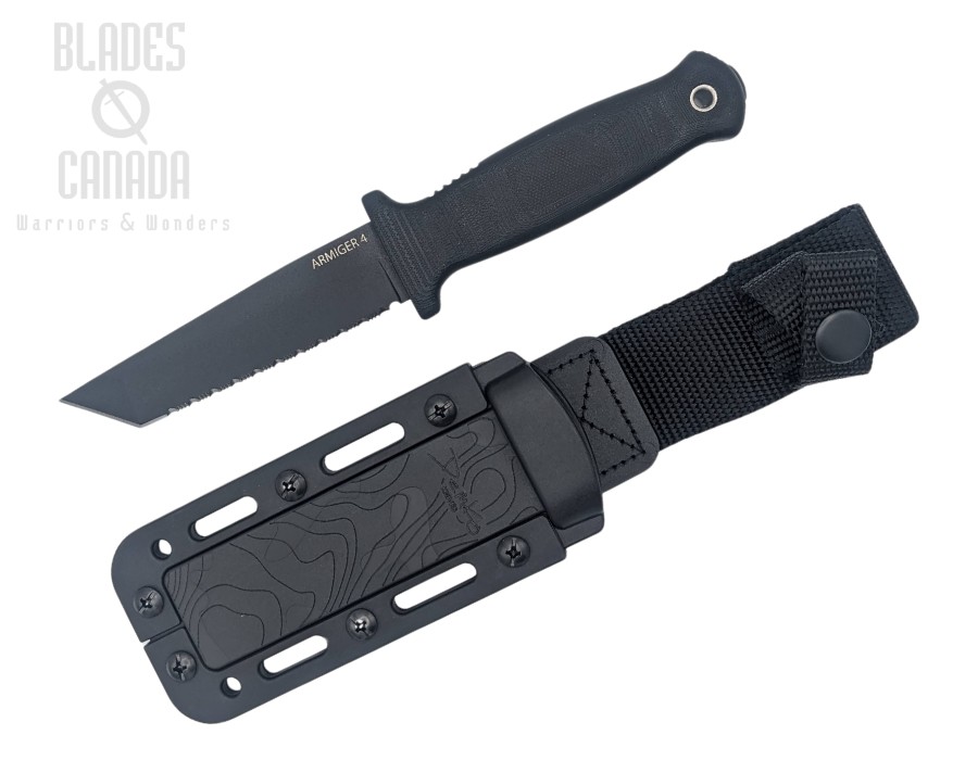 Demko Armiger 4 Fixed Blade Knife, 80CrV2 Black Tanto Serrated, Black Handle, 096513