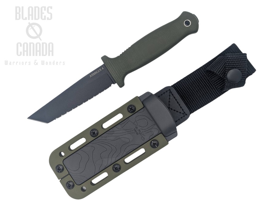 Demko Armiger 4 Fixed Blade Knife, 80CrV2 Black Tanto Serrated, OD Green Handle, ARM4-80CrV2-OD-TP-SERR